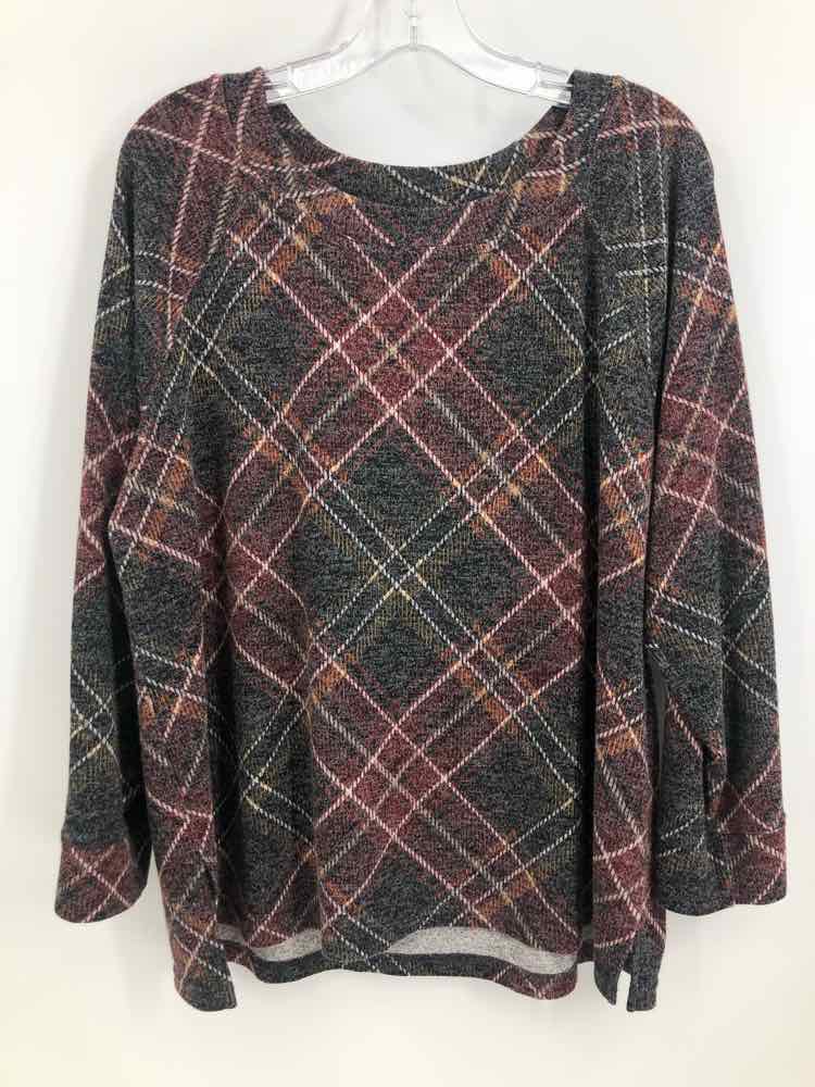 Tribal Size XL Gray/Maroon Plaid Knit Top