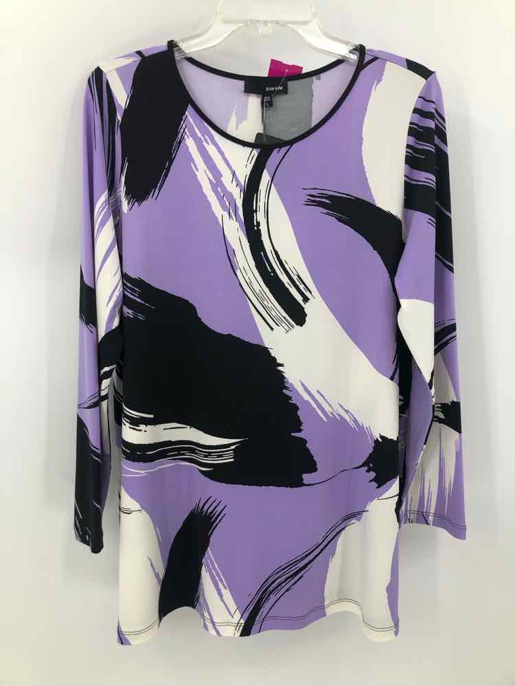 Sun Kim Size Large Purple/Black Print Knit Top