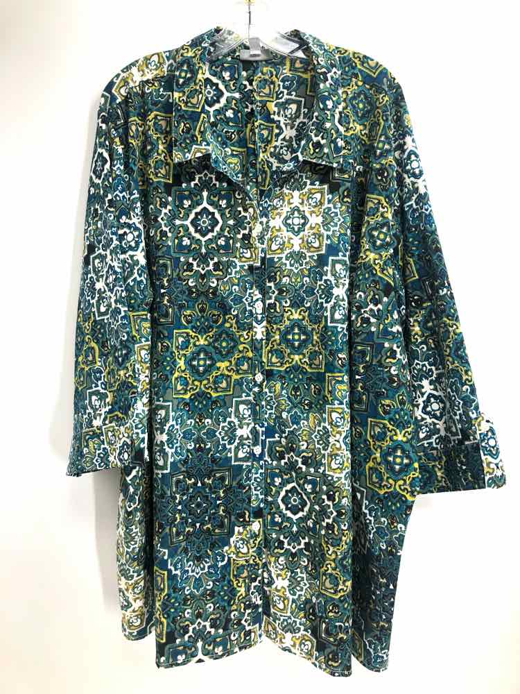 Catherines Size 5X aqua/greem Print Blouse